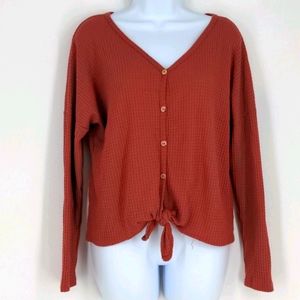 Lovemark Red Knit Cozy Waffle Thermal Button Crop Sweater Medium